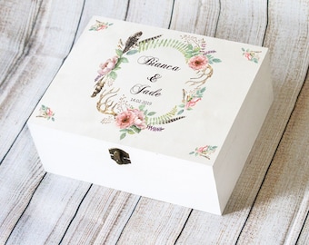 Personalized Wedding Keepsake Box, Wedding Memory box, White Wedding Card Box, Custom Wedding Card Holder,  Floral Bohemian wedding