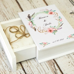 Floral Bohemian wedding box, Personalized ring box, Flowers wedding ring box, Antlers ring bearer box, Summer wedding box White Ring box