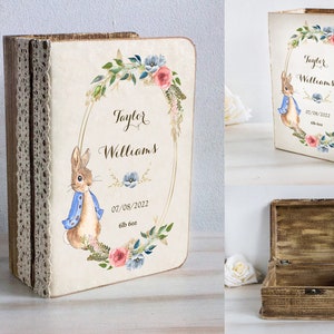 Peter Rabbit Scatola dei ricordi personalizzata per neonati, scatola di legno ricordo, regalo per neonati, regalo per neonati maschi, regalo per il primo compleanno, scatola di legno con libro