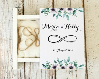 Caja de boda de vegetación de corona de eucalipto, caja portadora de anillo personalizada, caja de anillo de boda blanca, caja de propuesta, soporte de anillo infinito, caja de compromiso