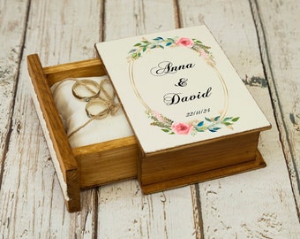 Wedding ring box with pillow, Personalized ring bearer box, Rustic wedding box, Floral ring box, Engagement box, Ring Holder, Book box