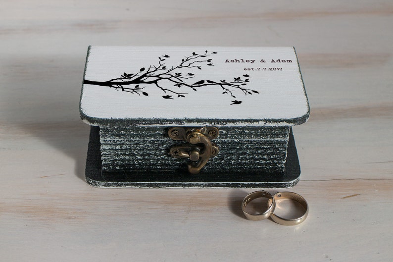 Wedding ring box, Personalized wedding box White Ring box Ring bearer box Love birds ring box Wedding ring holder Engagement box Book box image 2