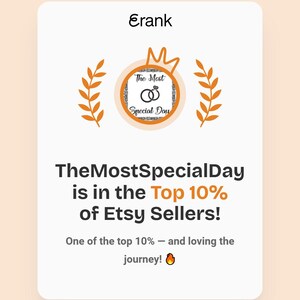 May include: A white card with the text "Erank" at the top. The card features a circular emblem with a crown and the words "The Most Special Day." Text below reads "TheMostSpecialDay is in the Top 10% of Etsy Sellers!"