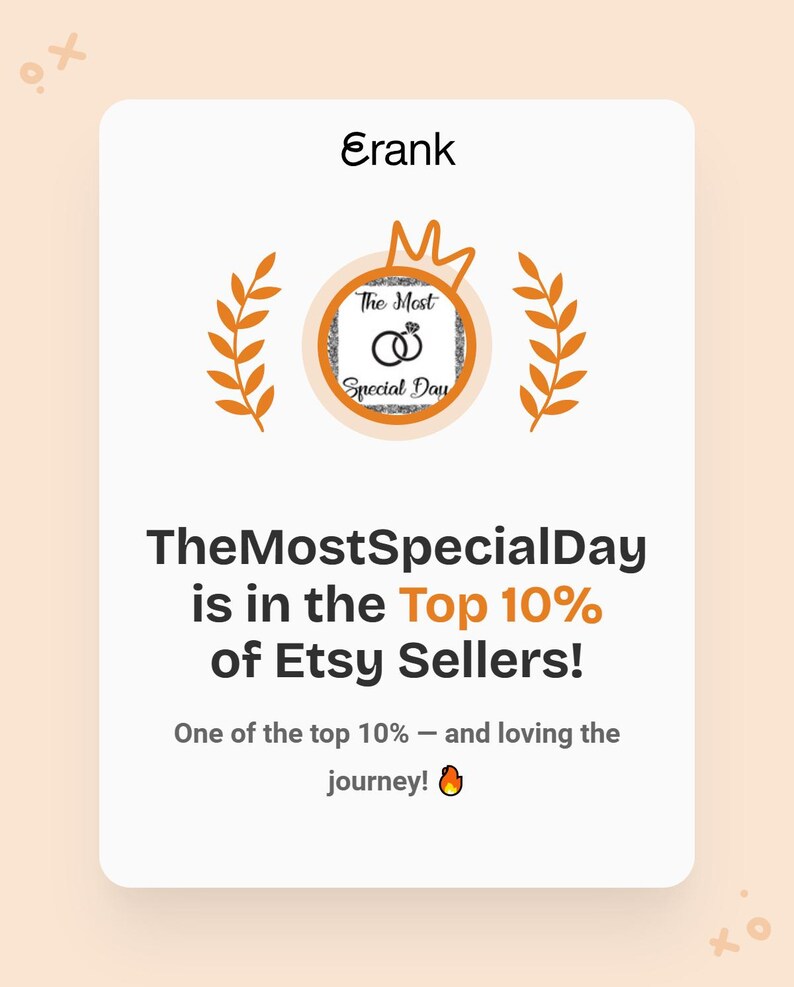 May include: A white card with the text "Erank" at the top. The card features a circular emblem with a crown and the words "The Most Special Day." Text below reads "TheMostSpecialDay is in the Top 10% of Etsy Sellers!"