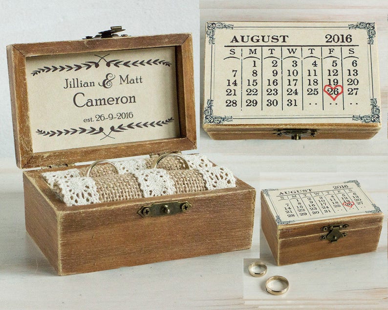 Hochzeit Ring Box Personalisierte Hochzeit Box Benutzerdefinierte Ring Bearer Box Speichern Sie den Datumskalender Ringbox Hochzeit Halter Keepsake Box Bild 1