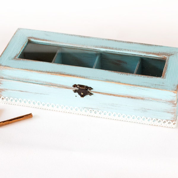 Tea Box, Tea storage box, Light BlueTea, Wooden Box, Tea Box Container, Shabby Chic tea box / storage box/, Jewelry box, Jewelry Organizer