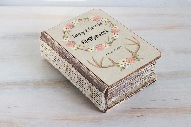 Floral wedding box, Personalized ring bearer box, Boho chic wedding Floral wreath box Ring box Woodland wedding Antlers wedding, Ring holder image 1