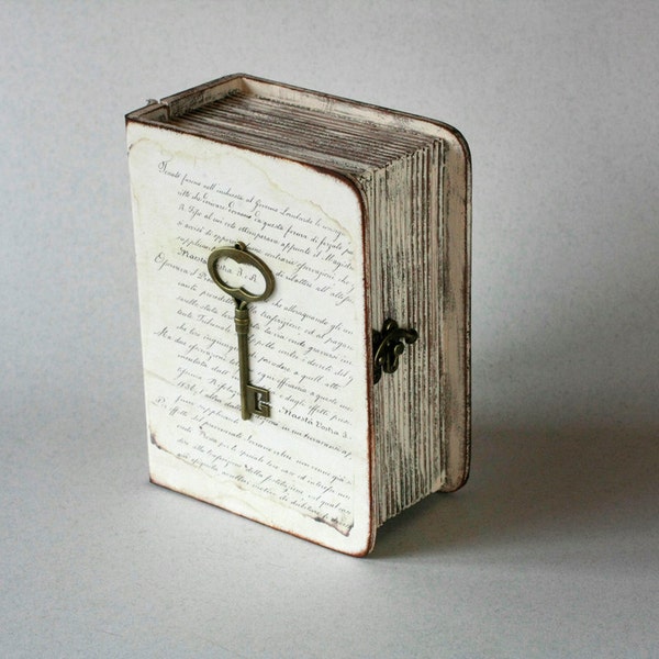 Beige Decorative Book Box with Skeleton Key, Keepsake Box,  Memory box, Book Treasury Wooden  Box,  8" x 6 " x 3 1/2 "