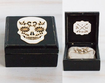 Mexican Skull Wedding Box Ring Bearer Box Black Wedding Ring Box Halloween Wedding Engagement Ring Box Ring Holder Day of the Dead Ring Box