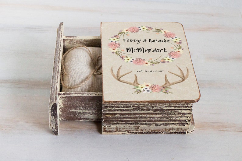 Floral wedding box, Personalized ring bearer box, Boho chic wedding Floral wreath box Ring box Woodland wedding Antlers wedding, Ring holder image 2