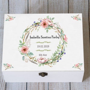 Personalized Baby Keepsake Box: Floral Wooden Memory Chest