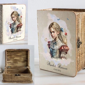 Scatola dei ricordi personalizzata, scatola dei ricordi di Alice nel paese delle meraviglie, scatola dei ricordi per ragazze, regalo di compleanno, scatola di libri in legno, scatola regalo per i dolci sedici anni