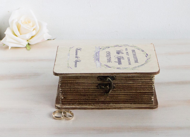 lavender wreath ring box, Personalized wedding box Rustic Wedding Box Ring Bearer Box Large Wedding Box Custom Box Purple wreath Ring pillow image 3