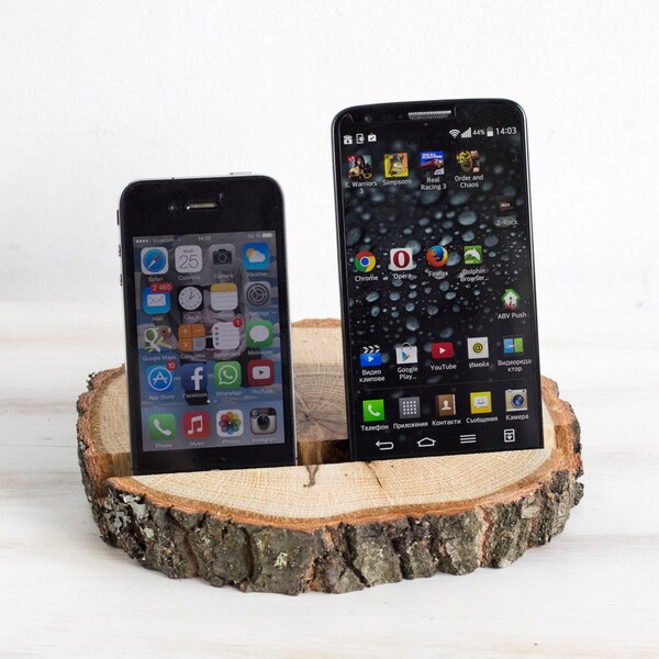 iPhone Oak Wood Double Phone Stand Wooden Phone Docking Station LG Stand BlackBerry iPad Dock Samsung slice wooden Mobile Stand ohtteam