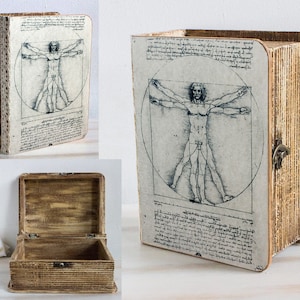 Leonardo da Vinci Erinnerungsbox, Vitruvianischer Mann Erinnerungsbox, Erinnerungsbox, Kleine Kartenbox, Holzkiste, Jubiläumsgeschenk, Geburtstagsgeschenk Bücherbox