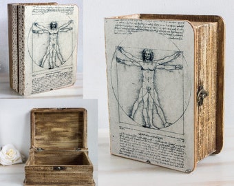 Leonardo da Vinci Memory Box, Vitruvian Man Keepsake Box, Memory box, Small Card Box, Wooden Chest, Anniversary gift, Birthday gift Book box