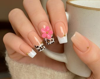 Leopard Print Press On Nails | Pink Flower, French Tip Nail Set
