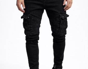 Men’s Black Slim Fit Cargo Jeans, Biker Style Denim Pants, Streetwear Casual Trousers