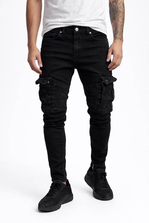 Men’s Black Slim Fit Cargo Jeans, Biker Style Denim Pants, Streetwear Casual Trousers