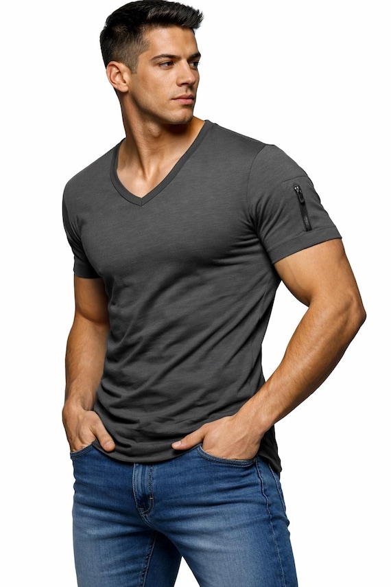 Men's Polyester V-Neck T-Shirt, Short Sleeve, Casual Style