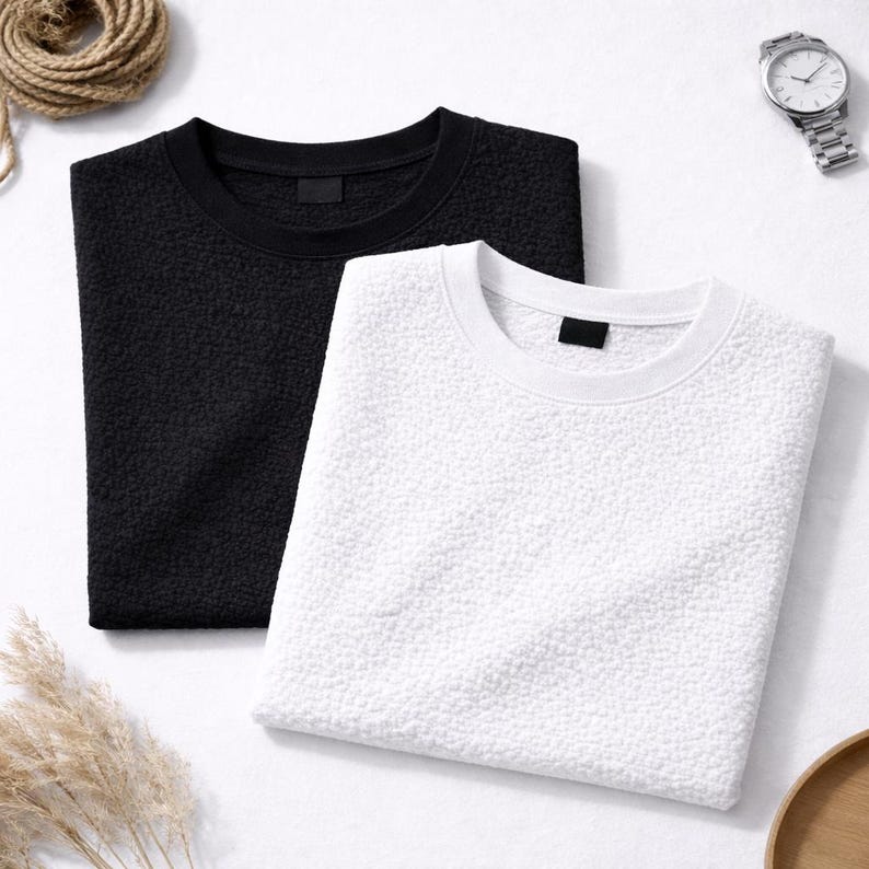 Puede incluir: Dos sudaderas plegadas de cuello redondo, una negra y otra blanca, con una tela texturizada con forma de burbujas. Cada camisa tiene una peque&ntilde;a etiqueta negra cerca del cuello. Un reloj de pulsera y una cuerda decorativa son visibles en el fondo.