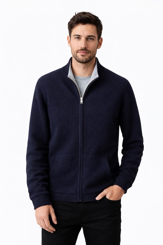 Men’s Cashmere Zip-Up Sweater – Soft Luxury Knit Cardigan | Warm Winter Fleece Lining | Premium Casual Jacket for Men
