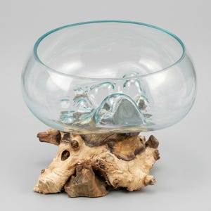 Op de afbeelding: Een heldere, ronde glazen kom met een onregelmatige, gesmolten basis die de vorm volgt van een natuurlijke, lichtbruine wortelstructuur van hout. Het glas heeft een gladde, gebogen rand en een textuur aan de onderkant bij het hout.