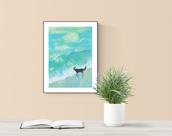 Art Print of Border Collie in a Jade Green Sea. From Original Painting. Border Collie Illustration. Dog Home Decor.