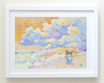 Small Beach Dog Illustration. Art Print. Small Dog Under a Big Sky on the Beach, A4 or A3