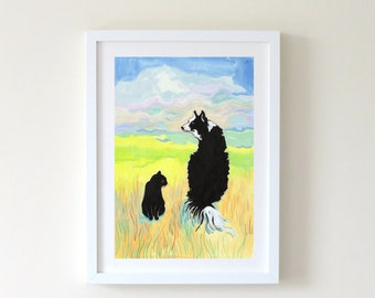 Cat and Dog Print, Pet Gift Print, Black Cat and Border Collie, Friendship Gift, Dog and Cat Print