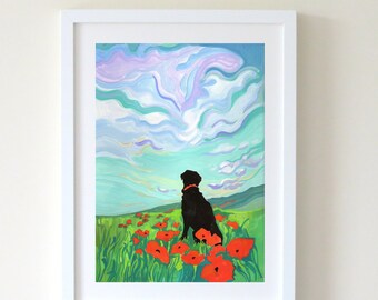 Art Print of Black Labrador in a Field of Poppies - Dog Lover Gift - Labrador Retriever Illustration.