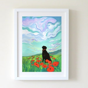 Art Print of Black Labrador in a Field of Poppies - Dog Lover Gift - Labrador Retriever Illustration.