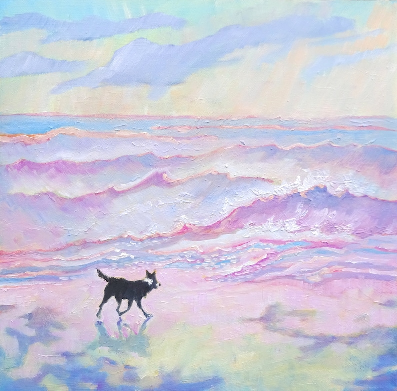 Dog Lover Gift Border Collie Illustration Border Collie on the Beach with a Pink Sea Art Print