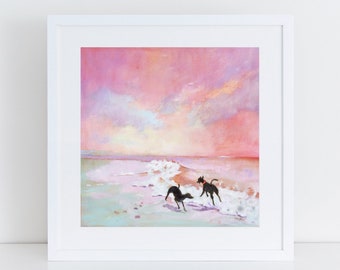 Dog Print "Two Whippets Playing in the Surf" Pet Wall Art. Dogs on the Beach Print.
