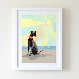 Whippet on the Beach Art Print, Whippet Print, Greyhound Wall Art,  Elegant Whippet Print for Dog Lover Gift