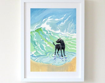 Black Labrador on the Beach Print, Black Labrador Print, Family Dog Wall Art, Coastal Art for Dog Lovers and Beach Enthusiasts