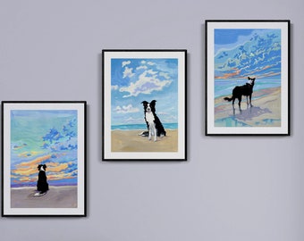 Bundle of 3 Border Collie Prints, Sheepdog Prints, Beach Border Collie Art,  Gallery Wall Art, Dog Lover Gift, Border Collie Gift