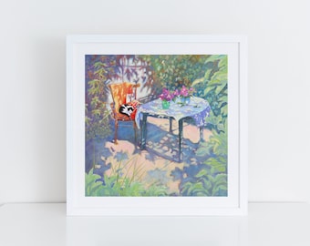 Colourful Cat Art, Black and White Cat in a Garden Print, Bright Print, Sleeping Cat Illustration