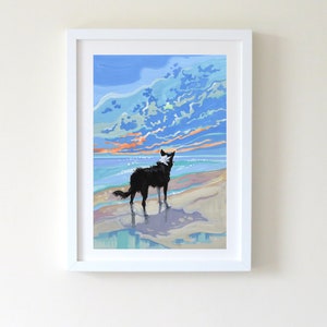 Border Collie Illustration. Art Print. Border Collie on the Beach, A4 or A3