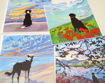 Set of 4 Colourful Greetings Cards,  Black Labrador Cards,  Border Collie Cards , Birthday Card, Dog Lover Cards