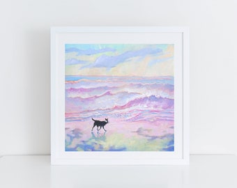 Border Collie Art Print - Border Collie on the Beach with a Pink Sea - Sheepdog Illustration - Dog Lover Gift