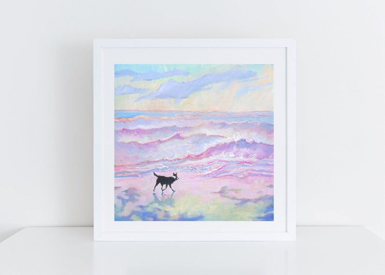 Dog Lover Gift Border Collie Illustration Border Collie on the Beach with a Pink Sea Art Print