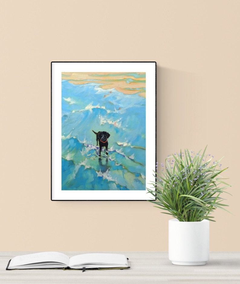 Art Print of Black Labrador in the Sea. Labrador Retriever Illustration. Dog Lover Gift. image 1