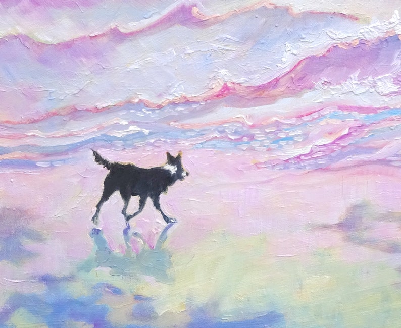 Dog Lover Gift Border Collie Illustration Border Collie on the Beach with a Pink Sea Art Print