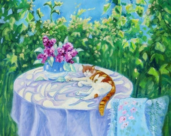 Art Print of Ginger and White Cat. Lazy Cat Print. Gift for Pet Lover. Orange Cat Art.