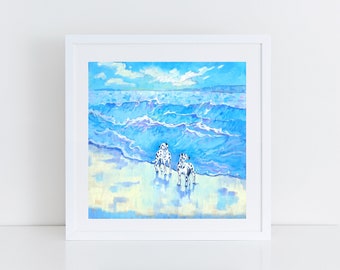 Dalmatian Art Print. Two Dalmatians on the Beach. Gift for Dog Lover.