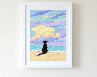Black Labrador Illustration, Black Lab Print, Black Labrador on the Beach Print, Dog Home Decor, Pet Lover Gift.