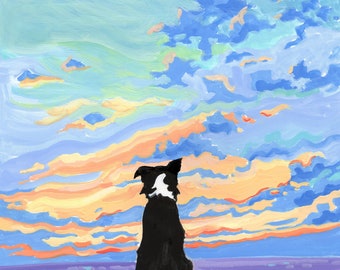 Border Collie Illustration. One Ear Up, One Ear Down, Watching the Sunset. Dog Home Decor. Pet Lover Gift.