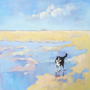 Border Collie Print , 8" x 8" or 11" x 11". "Jaunty Tail" Grace the Border Collie on the Beach, a Perfect Dog Lover Gift.