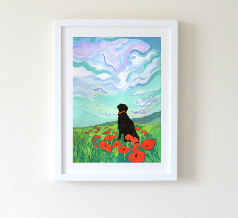 Art Print of Black Labrador in a Field of Poppies Dog Lover Gift Labrador Retriever Illustration. image 1